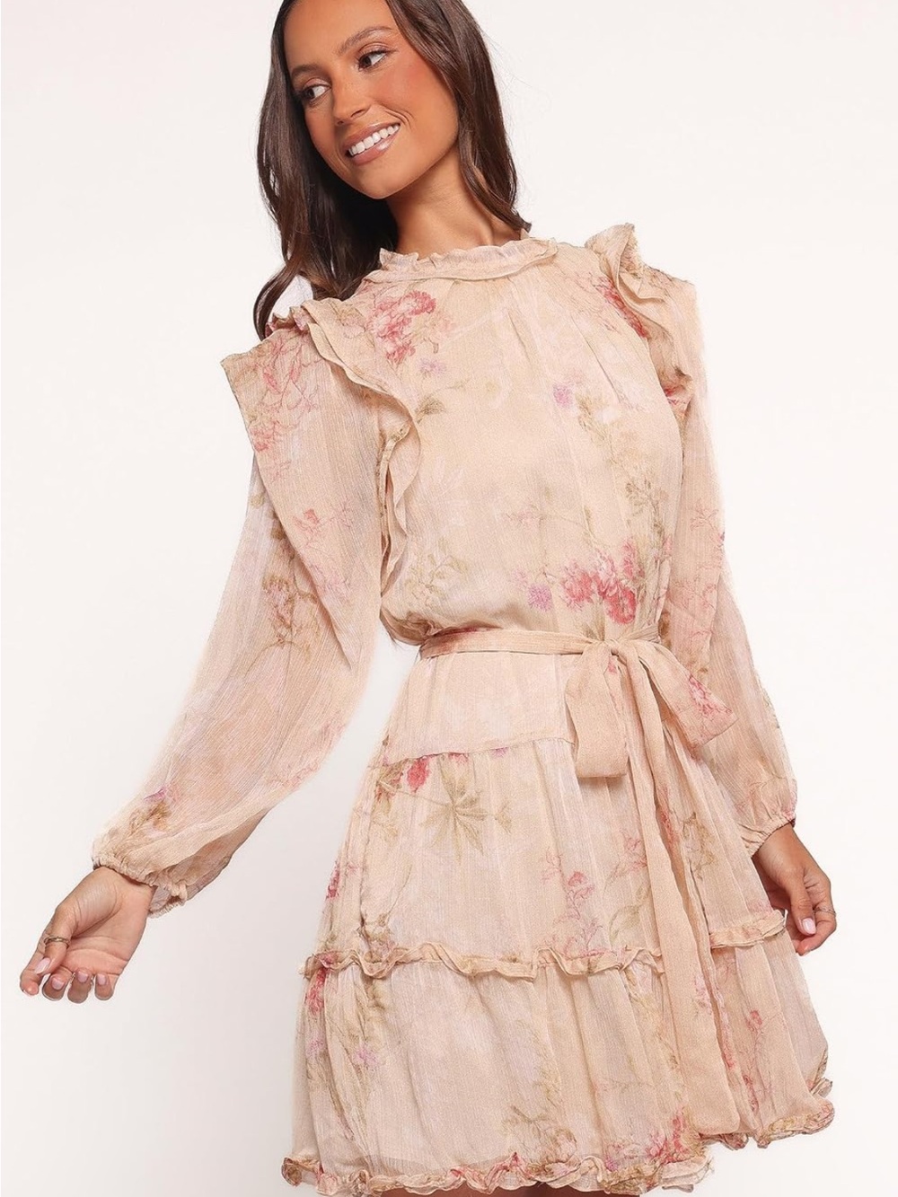 Petal & Pup Blush Floral Ruffle Tie-Waist Long Sleeve Dress